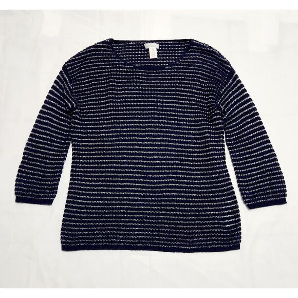 Chico's Blue Open Knit Sweater Women’s 0 / Small Metallic Scoop Neck Pullover - Picture 1 of 6